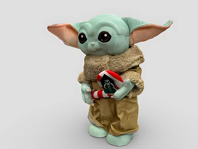 Green Skinned Game Movie Character With Big Eyes Ears Brown Coat Holding Red White Object 3d model