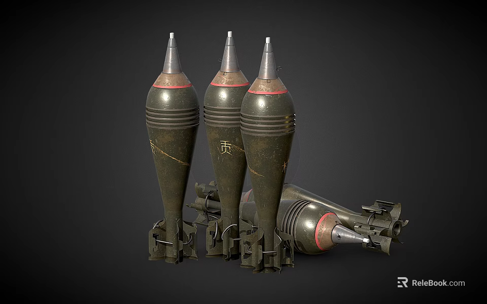 Three Black Bombs with Pointed Tops and Metal Stands One Lying Beside on Dark Background 3d model 