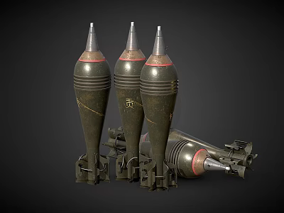 Three Black Bombs with Pointed Tops and Metal Stands One Lying Beside on Dark Background 3d model