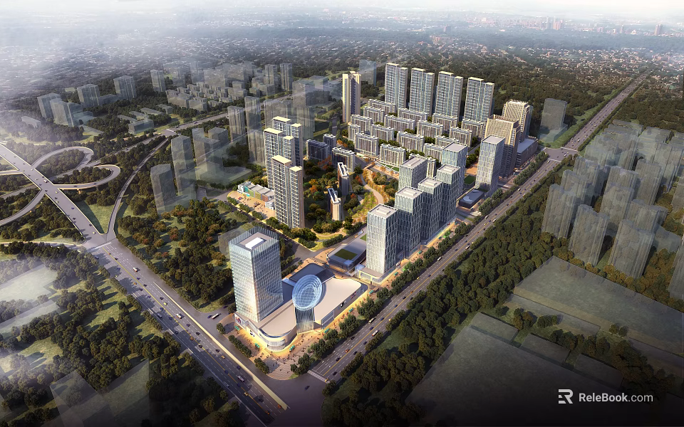Modern Aerial View Urban Planning With High Rise Buildings Roads And Green Areas 3d model 