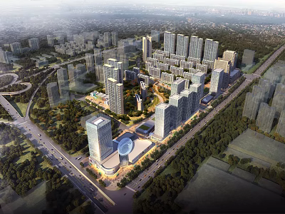 Modern Aerial View Urban Planning With High Rise Buildings Roads And Green Areas 3d model