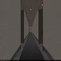 Modern Hotel Corridor With Wooden Textured Walls Recessed Lighting And Carpeted Floor