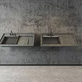 Two Wall Mounted Concrete Modern Washbasins with Faucets on Grey Wall Background