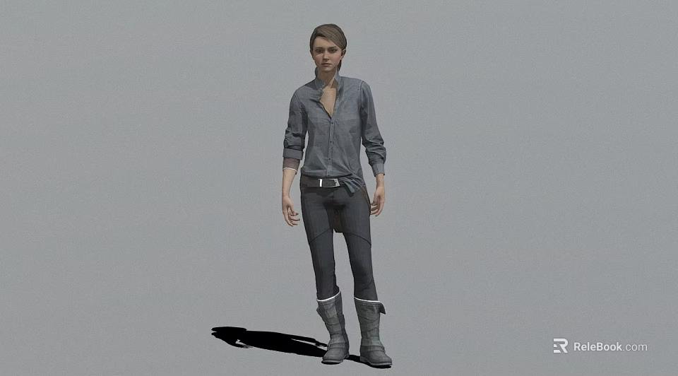 Game Movie Character Female Standing In Gray Shirt Dark Pants And Boots With Shadow 3d model 