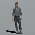 Game Movie Character Female Standing In Gray Shirt Dark Pants And Boots With Shadow