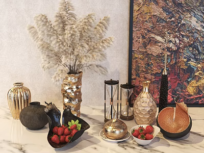 Elegant Decorative Ornament Set With Vases Bowls Pampas Grass And Art Painting 3d model