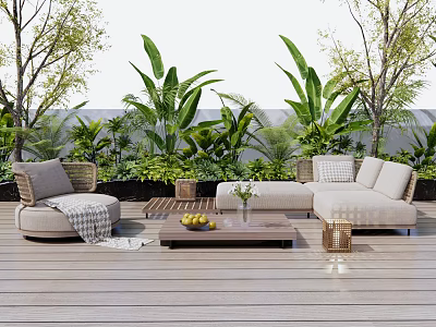 Cozy Outdoor Sofa Lounge On Wooden Deck With Greenery And Decorative Coffee Table 3d model