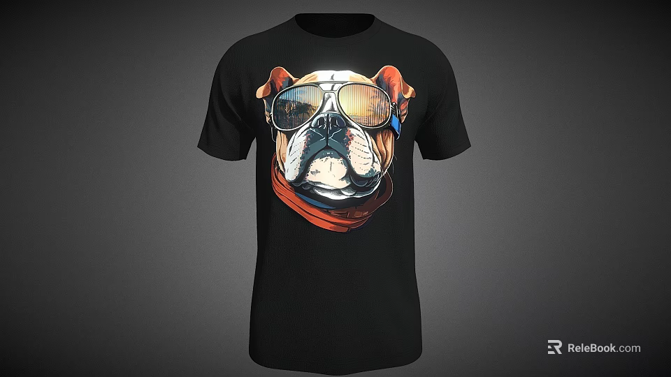 Stylish Black T shirt Featuring Bulldog Wearing Sunglasses And Red Scarf Design 3d model 