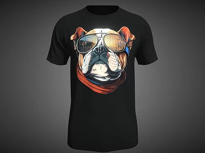 Stylish Black T shirt Featuring Bulldog Wearing Sunglasses And Red Scarf Design 3d model