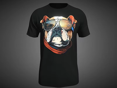 Stylish Black T shirt Featuring Bulldog Wearing Sunglasses And Red Scarf Design 3d model