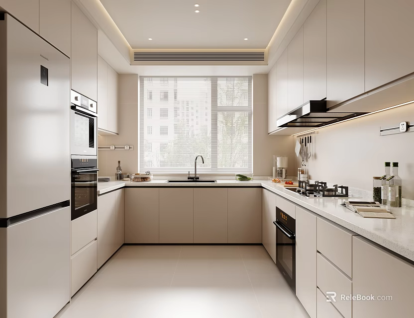 Modern Kitchen Interior With White Cabinets Refrigerator Oven Sink And Window 3d model