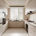 Modern Kitchen Interior With White Cabinets Refrigerator Oven Sink And Window