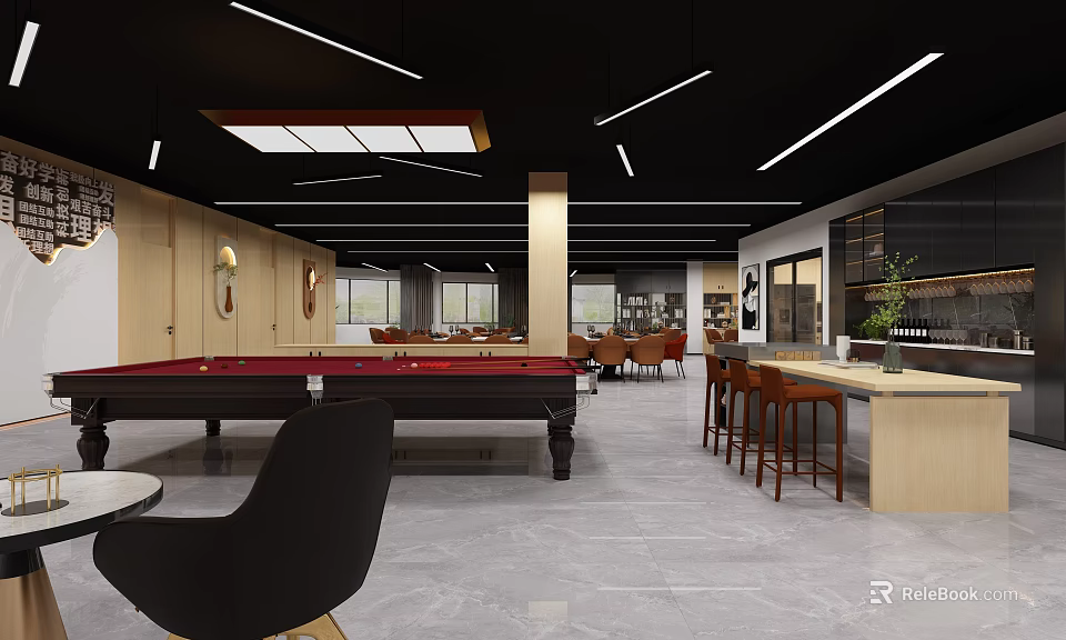 Bank Modern Lounge Area With Pool Table Bar Counter And Comfortable Seating 3d model 