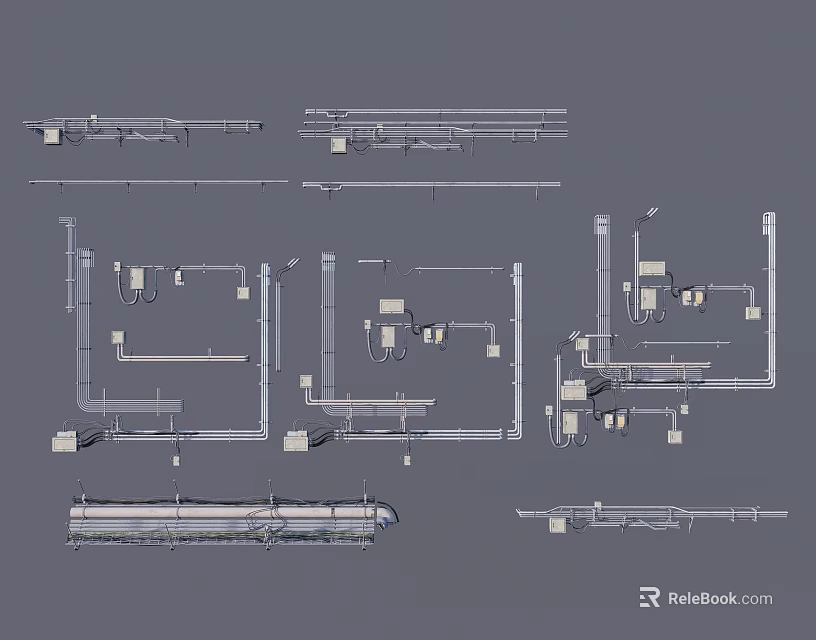 Detailed Technical Drawings of Industrial Equipment Pipe Systems and Mechanical Components 3d model 