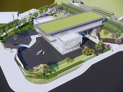 Modern Sales Office Building With Green Roof And Landscaped Outdoor Garden Areas 3d model