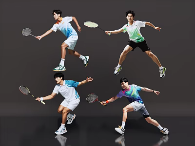 Men Playing Badminton In Dynamic Action With Rackets On Dark Background 3d model