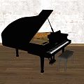 Black Grand Piano With Small Stool Against Textured Light-Colored Wall And Wooden Floor