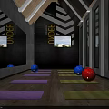 Indoor Multifunctional Fitness Space With Two Story Balcony Basketball Hoop Colorful Sports Markings And Tires