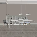 Modern Minimalist White Table and Chair Set with Bookshelf Books Pendant Lights and Wooden Legs