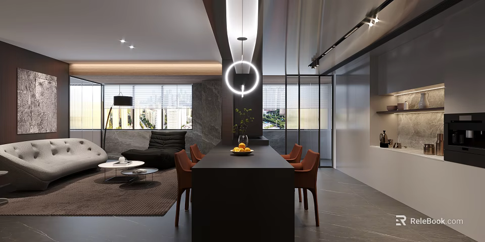Modern Living and Dining Room Interior With Black Table Orange Chairs And Pendant Light 3d model 
