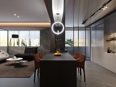 Modern Living and Dining Room Interior With Black Table Orange Chairs And Pendant Light 3d model