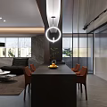 Modern Living and Dining Room Interior With Black Table Orange Chairs And Pendant Light