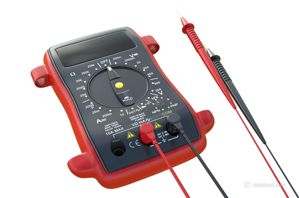 Red Digital Multimeter with Digital Display Rotary Dial and Test Probes 3d model