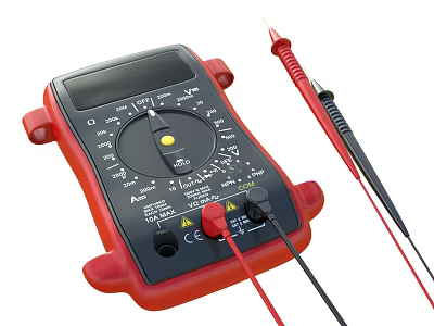 Red Digital Multimeter with Digital Display Rotary Dial and Test Probes 3d model