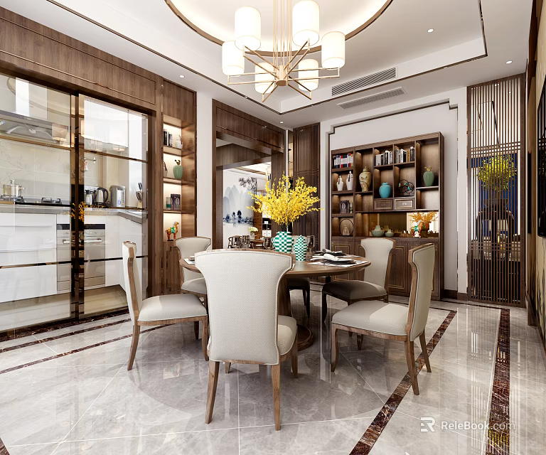 Elegant Modern Restaurant Interior With Dining Table Chairs Chandelier And Vase Decor 3d model 