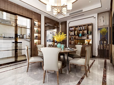 Elegant Modern Restaurant Interior With Dining Table Chairs Chandelier And Vase Decor 3d model