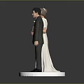 Newlywed Couple Standing In Wedding Gown And Suit With Bouquet On White Circular Base