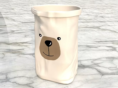 Cute White Storage Basket With Cartoon Bear Face Design Wrinkle Texture For Home Organization 3d model
