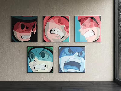 Five Portrait Paintings With Different Expressions In Red Pink Blue Facial Close Ups On Wall 3d model