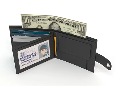 Black Open Wallet with 10 US Dollar Bill Cards and ID Card Inside 3d model