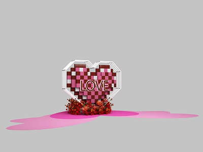 Pixel Art Heart Shape Featuring LOVE Text On Pink Base With Red Accents 3d model