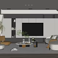 Modern Living Room With White Gray TV Wall Sofa Armchair Coffee Table And Potted Plant