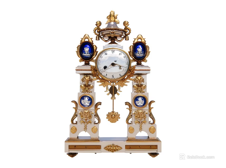 Classic Decorative Mantel Clock with Golden Ornaments Blue Porcelain Medallions and White Dial 3d model 