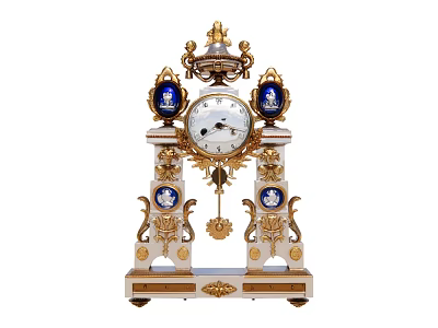 Classic Decorative Mantel Clock with Golden Ornaments Blue Porcelain Medallions and White Dial 3d model