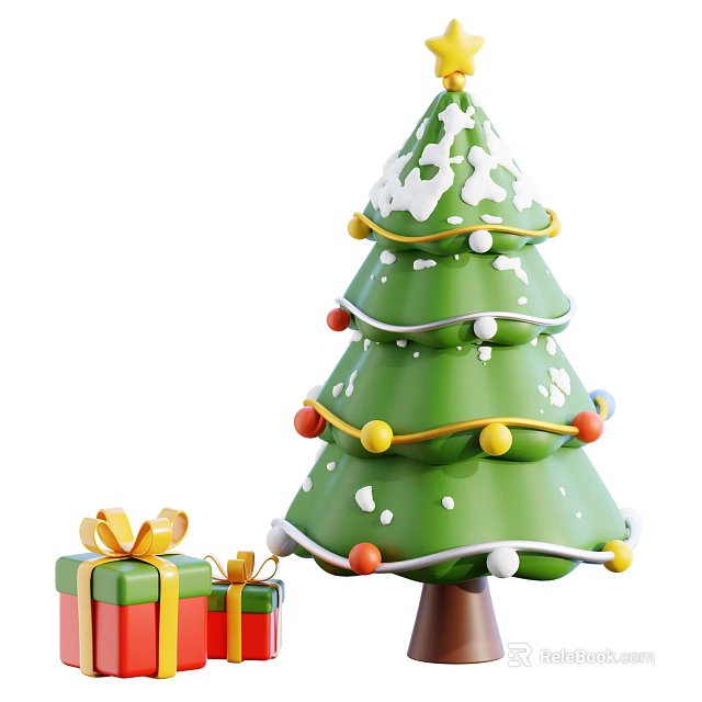 Christmas Decorative Ornament Set With Green Tree Snow Accents Colorful Balls And Gift Boxes 3d model 