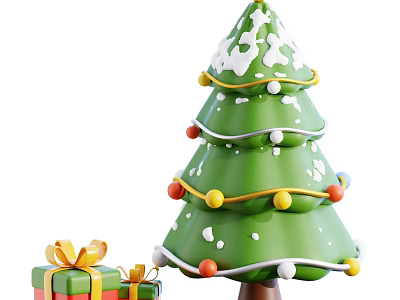 Christmas Decorative Ornament Set With Green Tree Snow Accents Colorful Balls And Gift Boxes 3d model