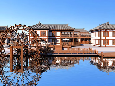 Traditional Style Homestay Building By Water With Large Wooden Waterwheel And Reflection 3d model