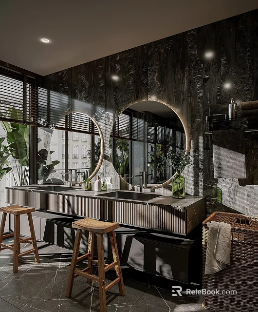 Modern Bathroom With Round Mirrors Double Vanity Stools And Plants 3d model 