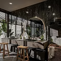 Modern Bathroom With Round Mirrors Double Vanity Stools And Plants