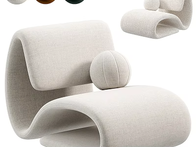 Beige Linen Fabric Modern Curved Leisure Chair With Small Round Pillow 3d model