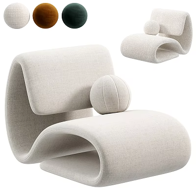 Beige Linen Fabric Modern Curved Leisure Chair With Small Round Pillow 3d model