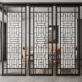 Modern Black Metal Room Divider With Geometric Patterns In Dining Room Interior 3d model