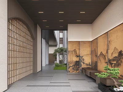 Elegant Chinese Style Entryway With Wooden Lattice Landscape Screen Gray Tiles Potted Plants And Bench 3d model