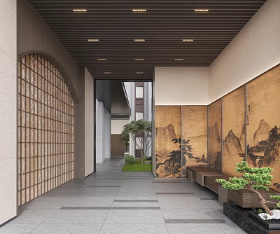 Elegant Chinese Style Entryway With Wooden Lattice Landscape Screen Gray Tiles Potted Plants And Bench 3d model