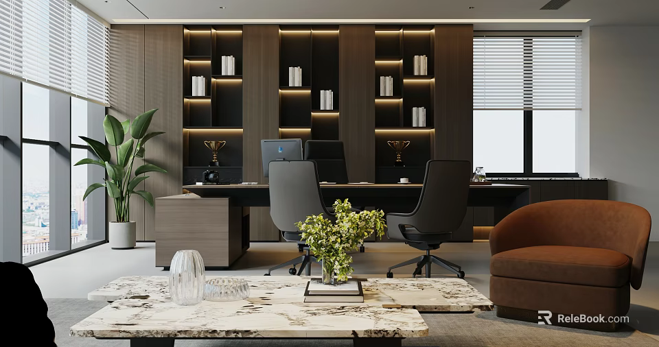 Modern Office Interior With Bookshelves Trophies Desk Chairs Sofa Marble Coffee Table And Green Plants 3d model 