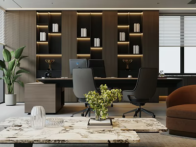 Modern Office Interior With Bookshelves Trophies Desk Chairs Sofa Marble Coffee Table And Green Plants 3d model